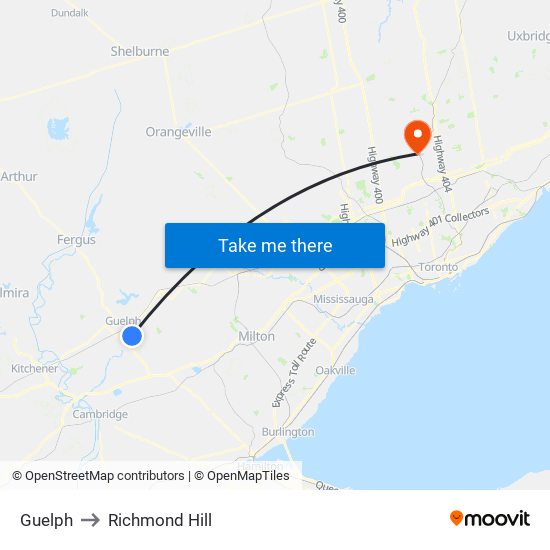 Guelph to Richmond Hill map