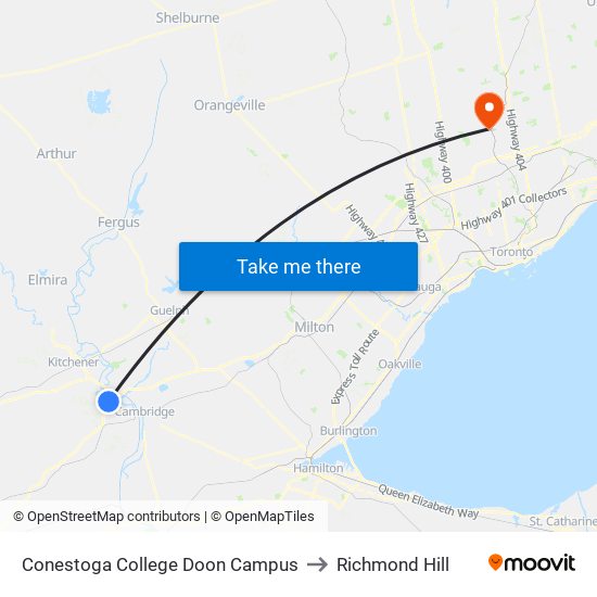 Conestoga College Doon Campus to Richmond Hill map