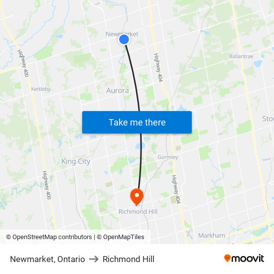 Newmarket, Ontario to Richmond Hill map