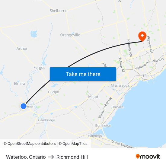 Waterloo, Ontario to Richmond Hill map