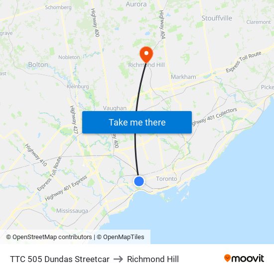 TTC 505 Dundas Streetcar to Richmond Hill map