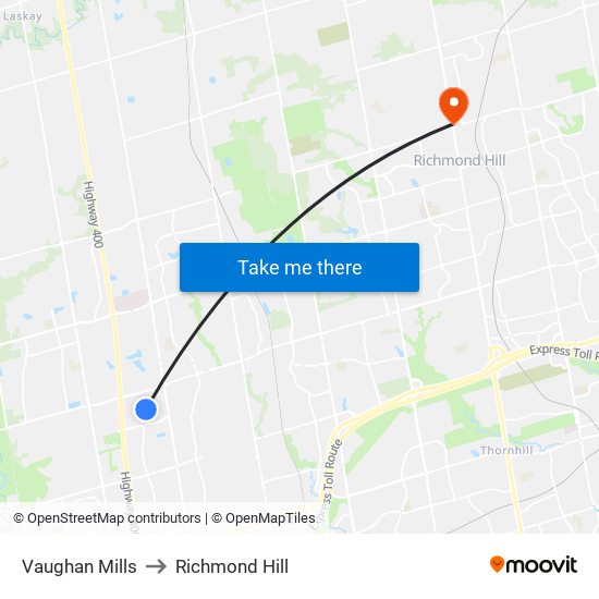 Vaughan Mills to Richmond Hill map