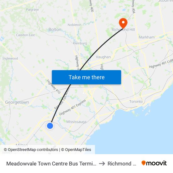 Meadowvale Town Centre Bus Terminal to Richmond Hill map