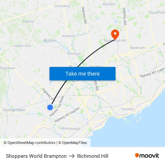 Shoppers World Brampton to Richmond Hill map
