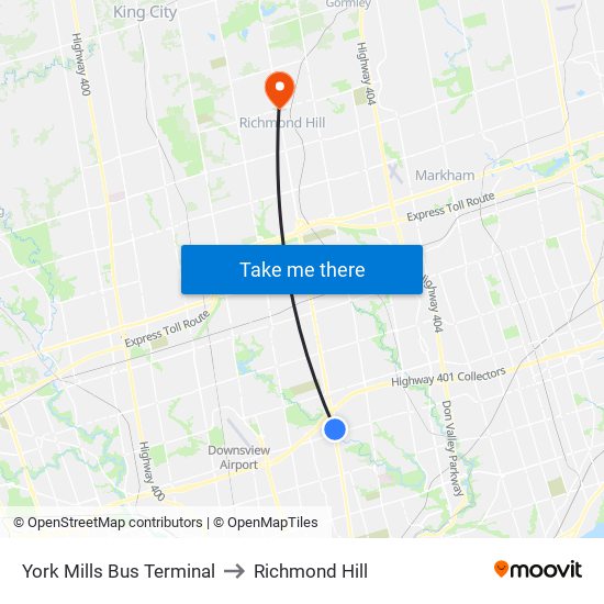 York Mills Bus Terminal to Richmond Hill map