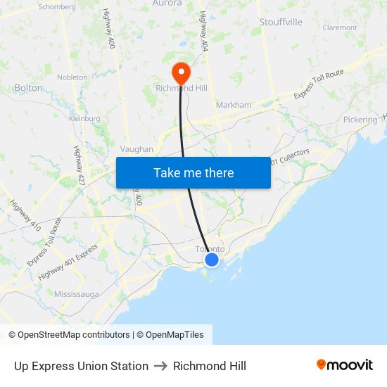 Up Express Union Station to Richmond Hill map