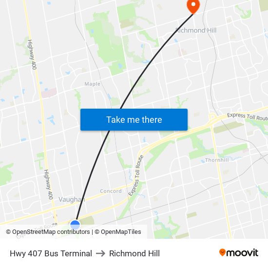 Hwy 407 Bus Terminal to Richmond Hill map