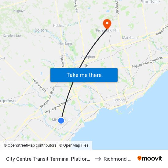 City Centre Transit Terminal Platform I to Richmond Hill map