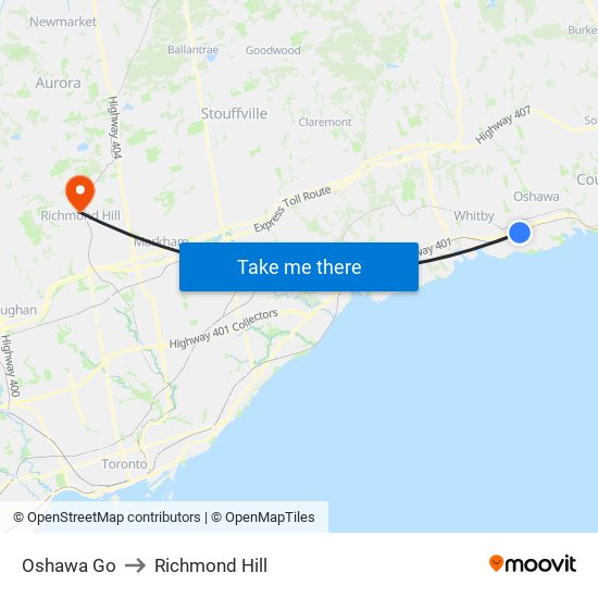 Oshawa Go to Richmond Hill map