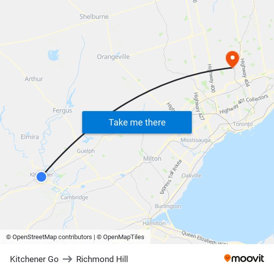 Kitchener Go to Richmond Hill map