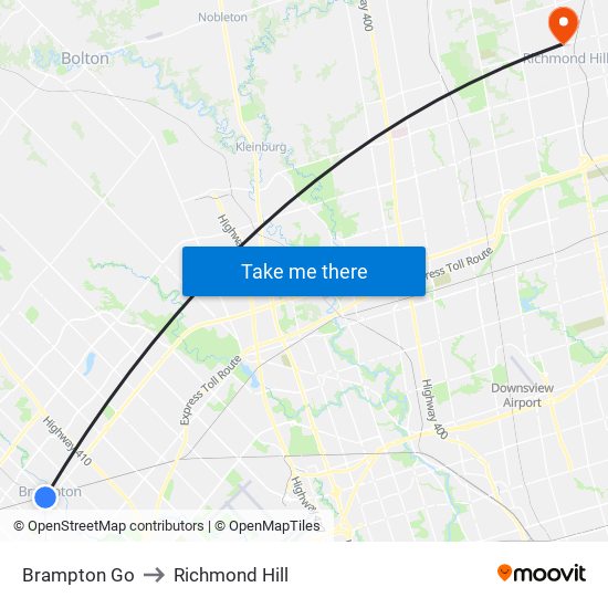 Brampton Go to Richmond Hill map