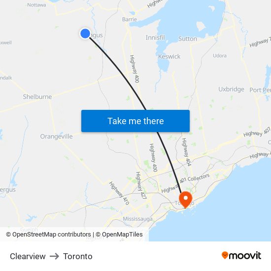 Clearview to Toronto map