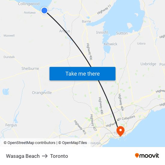 Wasaga Beach to Toronto map