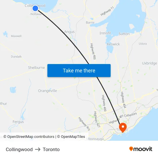 Collingwood to Toronto map