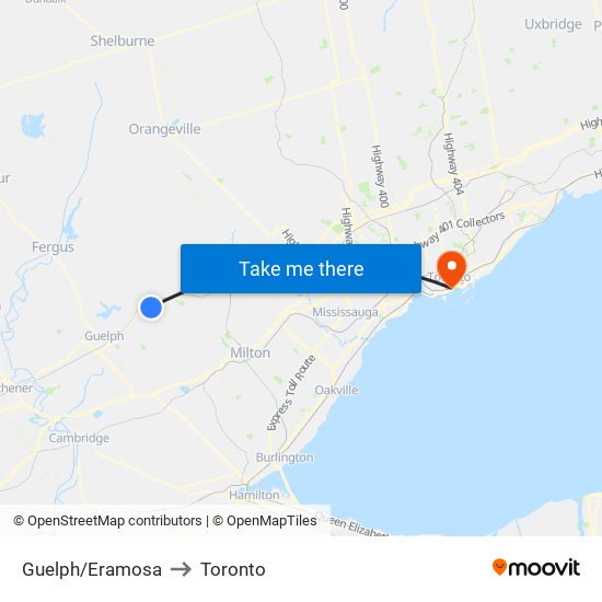 Guelph/Eramosa to Toronto map