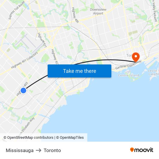 Mississauga to Toronto map