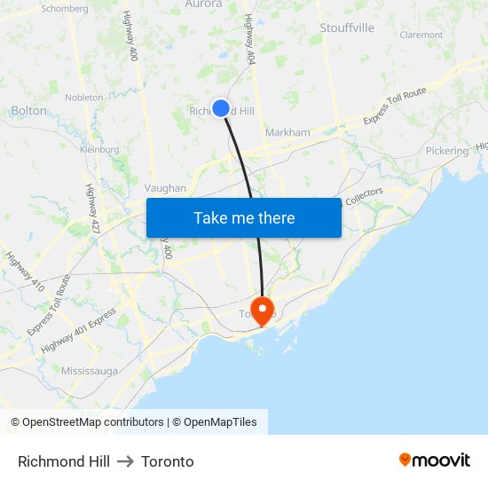 Richmond Hill to Toronto map