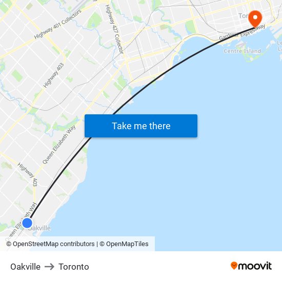 Oakville to Toronto map