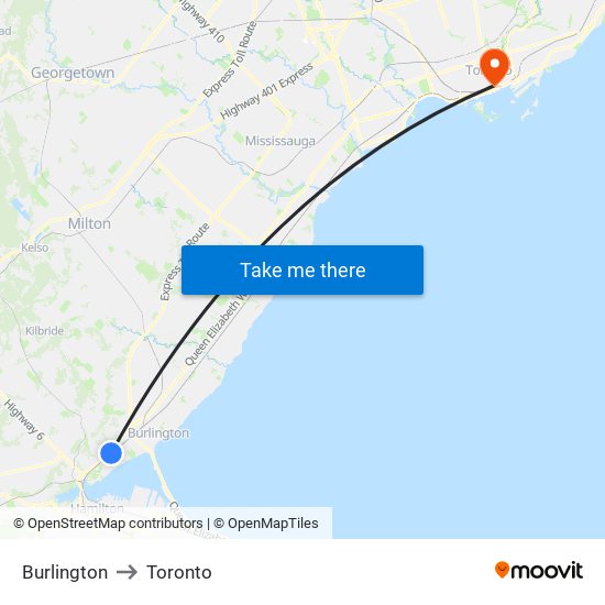 Burlington to Toronto map