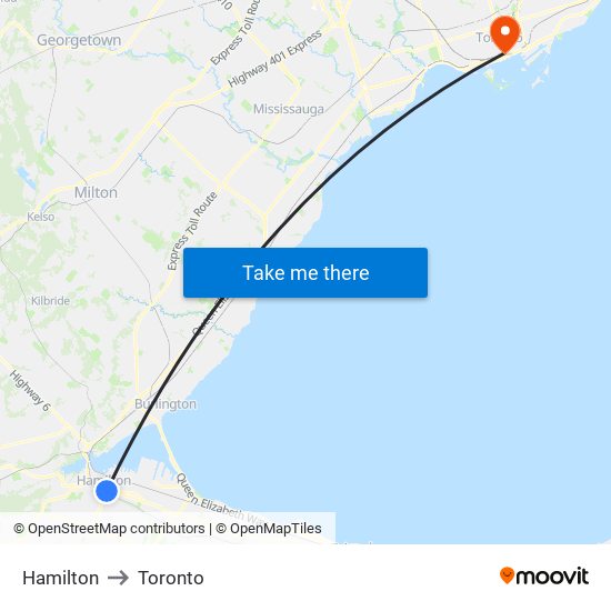 Hamilton to Toronto map