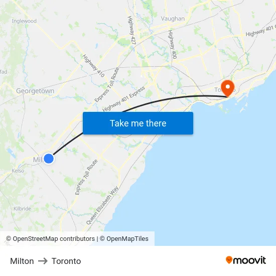 Milton to Toronto map