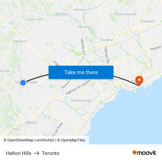 Halton Hills to Toronto map