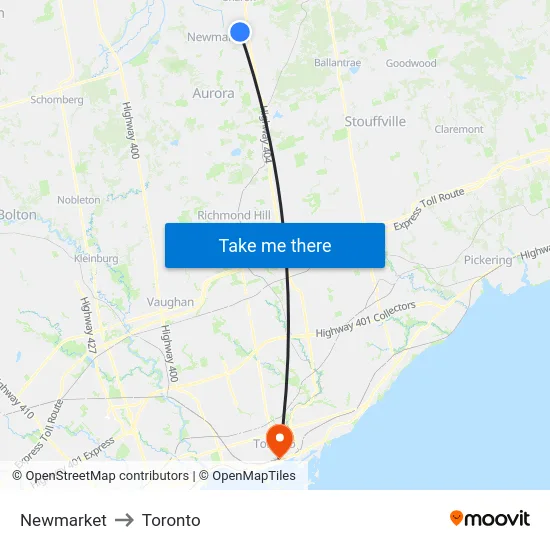 Newmarket to Toronto map