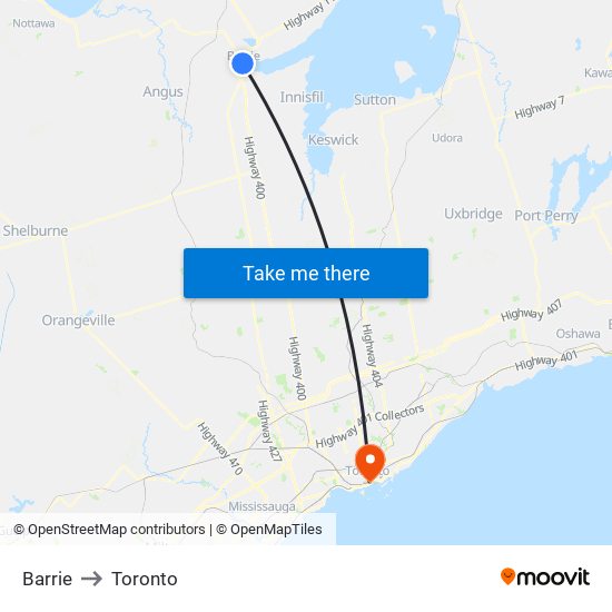 Barrie to Toronto map