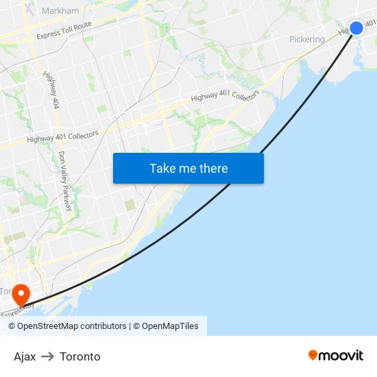 Ajax to Toronto map