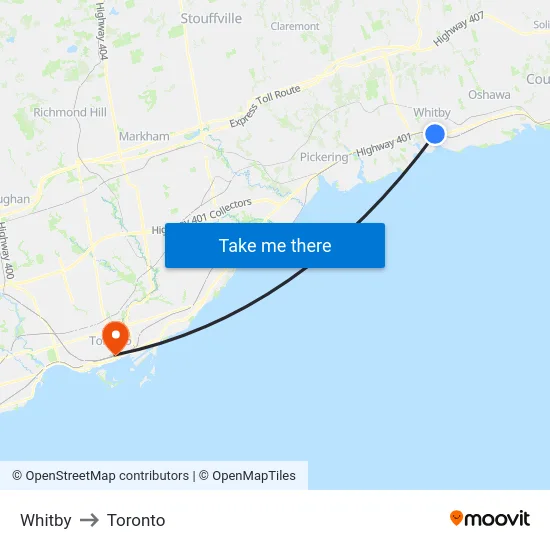 Whitby to Toronto map