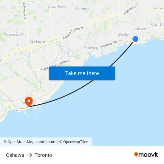 Oshawa to Toronto map