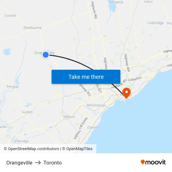 Orangeville to Toronto map