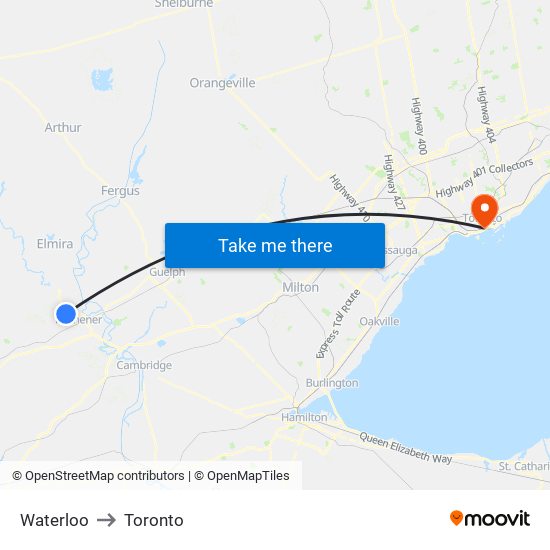 Waterloo to Toronto map