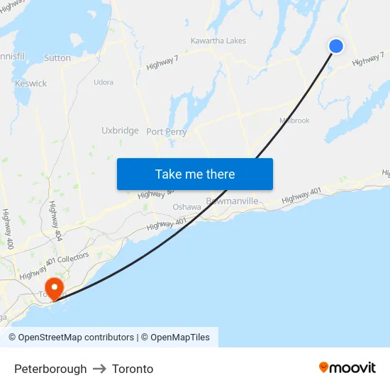 Peterborough to Toronto map