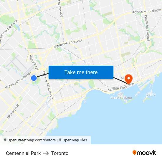 Centennial Park to Toronto map