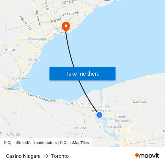 Casino Niagara to Toronto map