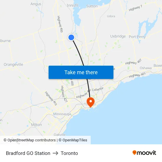 Bradford GO Station to Toronto map
