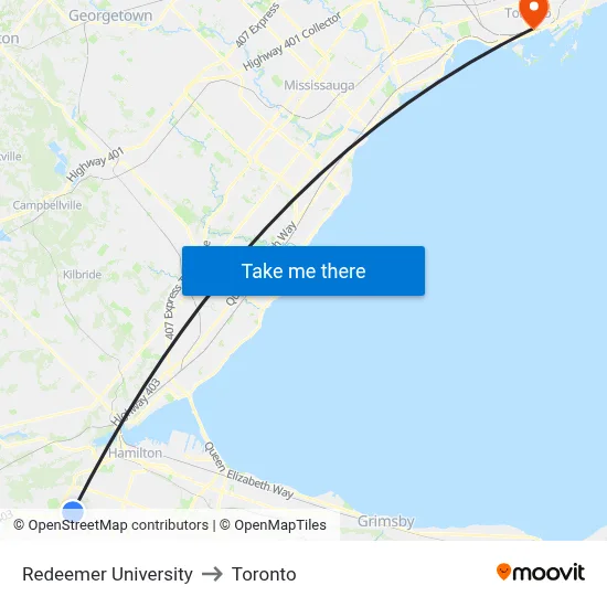 Redeemer University to Toronto map