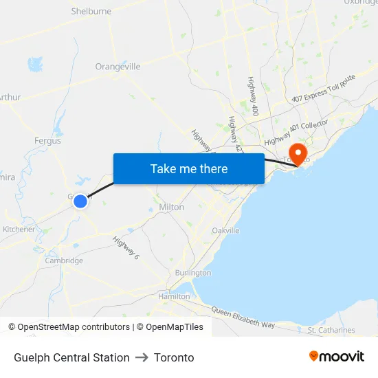 Guelph Central Station to Toronto map