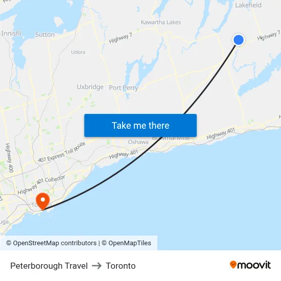 Peterborough Travel to Toronto map