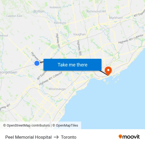 Peel Memorial Hospital to Toronto map