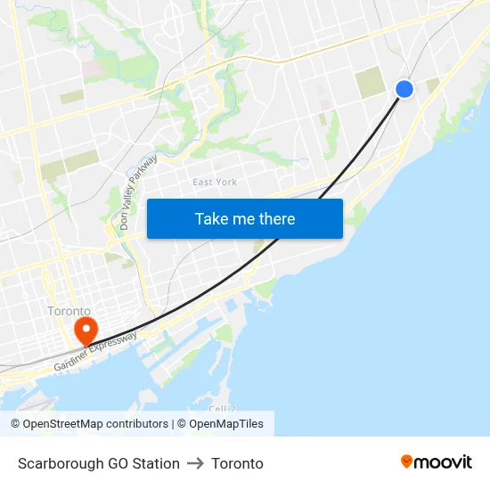Scarborough GO Station to Toronto map