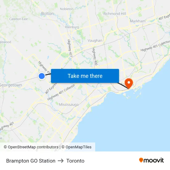 Brampton GO Station to Toronto map