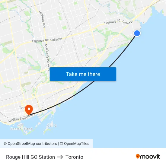 Rouge Hill GO Station to Toronto map