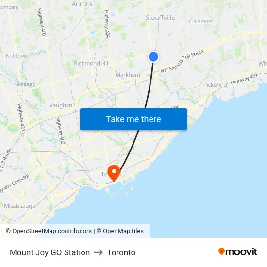 Mount Joy GO Station to Toronto map