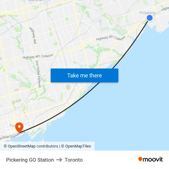 Pickering GO Station to Toronto map