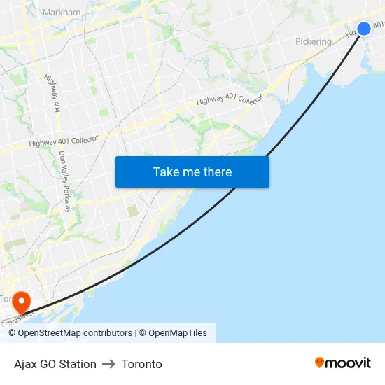 Ajax GO Station to Toronto map