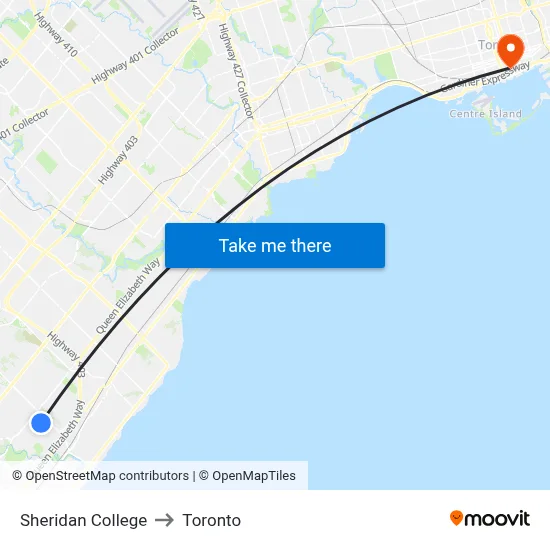 Sheridan College to Toronto map
