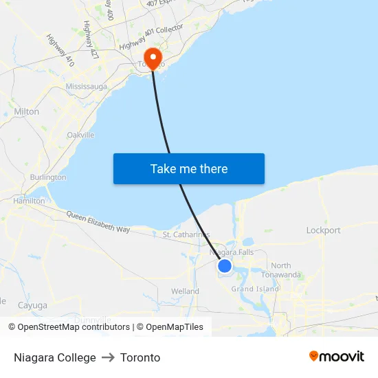 Niagara College to Toronto map