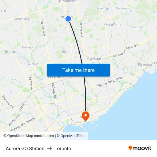 Aurora GO Station to Toronto map